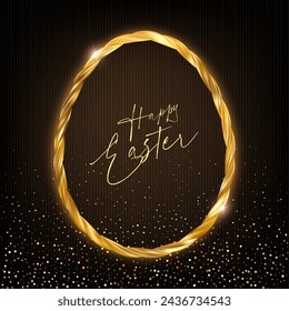 Easter egg frame. Gold twisted braided rope border. Elegant thin line decor. Realistic golden luxury decoration. Typographic calligraphic lettering greeting card. 3d vector illustration eps10.