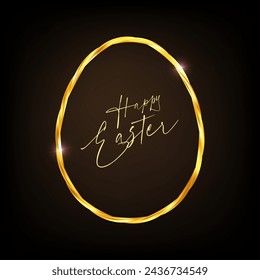 Easter egg frame. Gold twisted braided rope border. Elegant thin line decor. Realistic golden luxury decoration. Typographic calligraphic lettering greeting card. 3d vector illustration eps10.