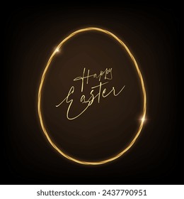 Easter egg frame. Gold twisted braided rope border. Elegant thin line decor. Realistic golden luxury decoration. Typographic calligraphic lettering greeting card. 3d vector illustration eps10.