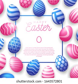 Easter egg frame. Happy Easter cute banner background template with beautiful realistic blue and pink eggs. Greeting card. Vector illustration