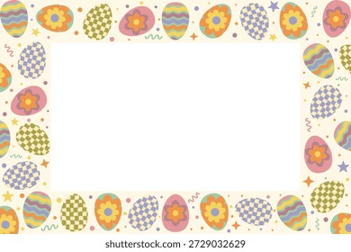 Plantilla de marco de huevo de Pascua en un estilo de diseño plano groovy, que encierra un espacio de copia en blanco para anuncios festivos de vacaciones.