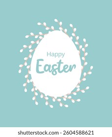 Easter egg in a frame of willow branches on a green background, Easter greeting card