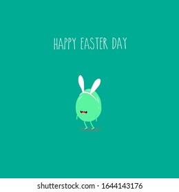 Easter egg funny and green for happy easter card. Cute egg in the rabbit ears. Use for the greeting card, in the card or stickers. Easy to edit. Vector illustration.