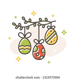 Easter egg garland on green branch concept, flat cartoon style. Filled outline icon design. Spring simple sign. Cute color symbol. Print, poster, banner, card design Vector Illustration isolated white