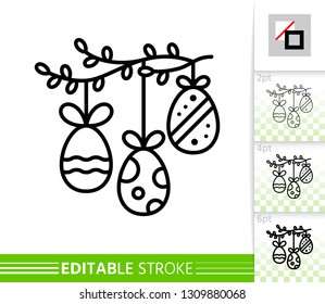 Easter egg garland on spring branch thin line icon. Holiday poster. Banner in flat style. Simple illustration, outline symbol. Linear pictogram. Vector sign isolated. Editable stroke icon without fill