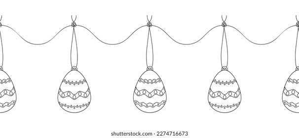 Easter egg garland. Sketch. Seamless horizontal border. Repeating vector pattern. Hanging decoration with various patterns. Souvenirs hang on a thread with a knot. Endless isolated background. 