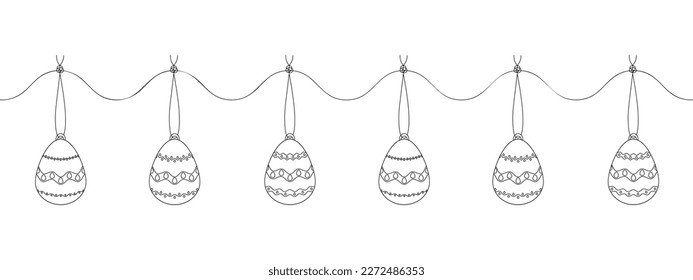 Easter egg garland. Sketch. Vector illustration. Coloring book. Hanging decoration with various patterns. Souvenirs hang on a thread with a knot. Doodle style. Outline on isolated background. 