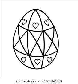 Easter egg with geometric ornament and hearts. Vector illustration in Doodle style. Isolated object on a white background. Design element for children's books-paints, textiles, posters, school project