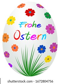 Easter Egg with german greetings on white isolated background. Translation German to English: Frohe Ostern is Happy Eastern.