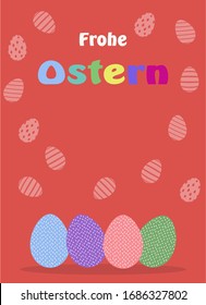 Easter Egg with german greetings on red background.
Translation German to English: Frohe Ostern is Happy Eastern.