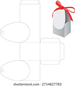 Easter egg gift box die cut template with oval tag and ribbon. Vector packaging mockup of an egg-shaped paper box with cutting and folding lines, designed for Easter gifts, sweets, and holiday packaging. Isolated on white background