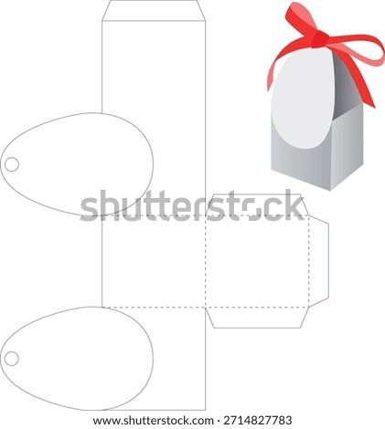 Easter egg gift box die cut template with oval tag and ribbon. Vector packaging mockup of an egg-shaped paper box with cutting and folding lines, designed for Easter gifts, sweets, and holiday packaging. Isolated on white background