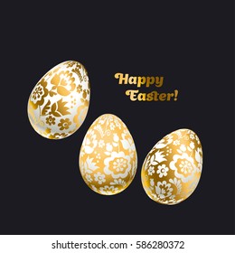 Easter egg gold foil decoration vector illustration. floral elegant style decor on christian resurrection symbol. spring life icon in chick feminine decorative style