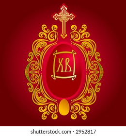 Easter Egg and Gold Ornate on Red Background. Vector Illustration. No Meshes.