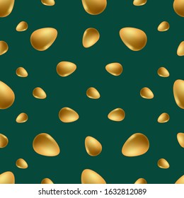 Easter egg. Golden chicken egg. Repeating vector pattern. Isolated green background. Flat style. Seamless festive ornament. Easter background from eggs. Happy Easter. Brittle shell. 