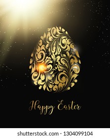 The Easter egg. Golden egg on the black background. Happy easter holiday card. Template for your egg design. Vector illustration.