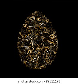 Easter egg with a golden ornament on a black background