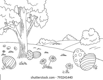 Easter egg graphic black white landscape sketch illustration vector