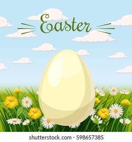 Easter egg in the grass, daisy flowers, dandelions, cartoon style, isolated, vector, illustration