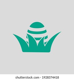 Easter Egg In Grass Icon. Green on Gray Background. Vector Illustration.