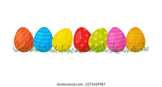 Easter egg in grass, spring background, cartoon vector set, Easter egg hunt. April greeting card. Holiday illustration