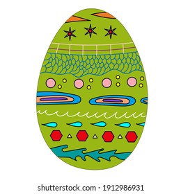 Easter egg green color. Hand drawn decorative element. Vector illustration black egg icon with ornament for Easter holidays design isolated on white background.