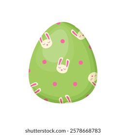 Easter egg green color vector, single element.  With rabbit print. Happy Easter! Stock image isolated on white background. In cartoon style. 