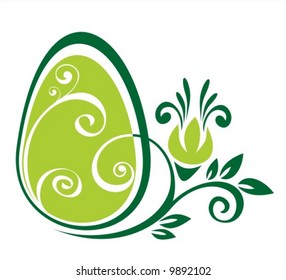 Easter egg and green flower pattern on a white background.