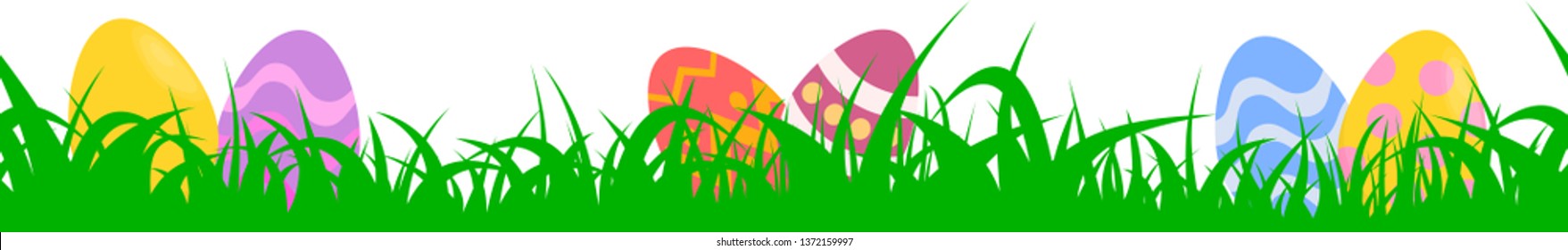 Ovo de Páscoa na faixa de grama verde. Divisor decorativo sem costura. Caça aos ovos. Ilustração da borda do vetor.