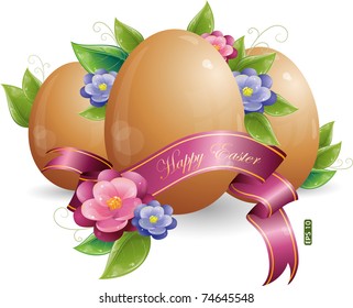 Easter egg with green leaves and flowers, eps-10