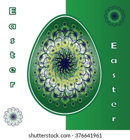  Easter egg with green pattern on white and green  background with flowers