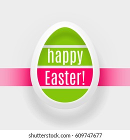 Easter Egg of green and red stripes bordered by a white paper strip casting a shadow with the inscription Happy Easter! on a white background
