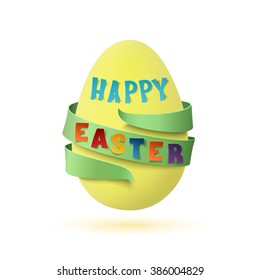 Easter egg with green ribbon around, isolated on white background. Happy Easter background or greeting card template. Vector illustration.