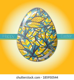 Easter egg greeting card with abstract hand drawn  feather ornament. Use as greeting card.