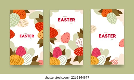 Easter egg greeting card collection. Vector modern flat illustration set. Vertical banner template. Bright colorful eggs. Design for happy easter day holiday, poster layout.