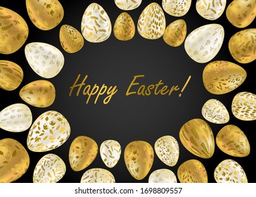 Easter egg. Greeting card with Golden eggs. Religious holiday vector illustration for poster, flyer. Decorate Golden eggs with plant ornaments on a dark background. Happy Easter
