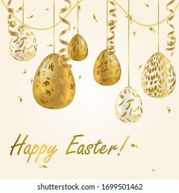 Easter egg. Greeting card with Golden eggs. Religious holiday vector illustration for poster, flyer. Decorate Golden eggs with plant ornaments on a light background. Happy Easter