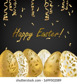  Huevo de Pascua. Tarjeta de saludo con huevos de oro. Ilustración vectorial de festividad religiosa para afiche, volante. Decoración de huevos de oro con adornos de plantas en un fondo oscuro. Feliz Pascua