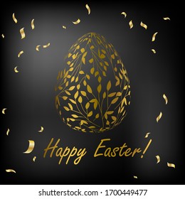 Easter egg. Greeting card with Golden eggs. Religious holiday vector illustration for poster, flyer. Decorate Golden eggs with plant ornaments on a dark background. Happy Easter