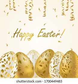 Easter egg. Greeting card with Golden eggs. Religious holiday vector illustration for poster, flyer. Decorate Golden eggs with plant ornaments on a light background. Happy Easter