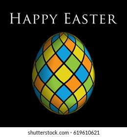Easter egg greeting card - spring colors, pastel orange, green, yellow and blue with black stripes in front of a black background