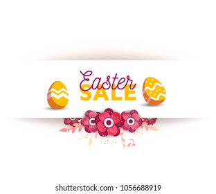 Easter egg  greeting card. Vector Easter Flyer Illustration with painted eggs. Place for your text.