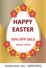 Easter egg greeting poster with flowers and text on colorful background.
