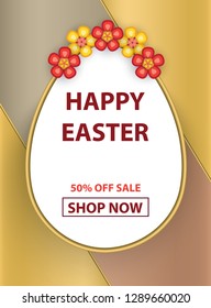 Easter egg greeting poster with flowers and text on colorful background.