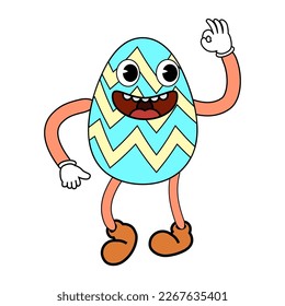 Easter egg groovy cartoon vintage style, Happy Easter. Characters egg