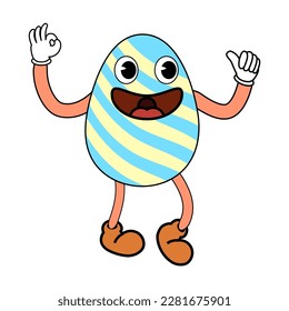 Easter egg groovy cartoon vintage style, Happy Easter. Characters egg