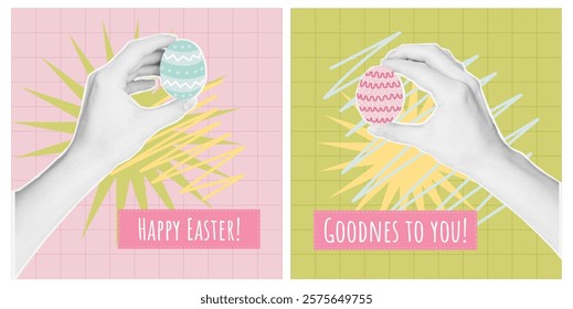 Easter Egg halftone collage Cards with Festive Messages in retro grid background