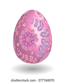 Easter Egg with hand draw ornate floral pattern. Realistic egg. Pink flowers on pearly pink egg.