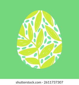 Easter egg with hand drawn floral pattern, simple cute vector illustration. Green spring leaves on a white egg.