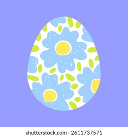Easter egg with hand drawn floral pattern, simple cute vector illustration. Blue flowers on a white egg.
